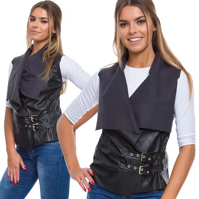 Womens Sleeveless Zipped Jacket Ladies Faux Leather Open Waistcoat Cardigan W5 • £9.99