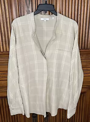 Vince Womens Shirt Large Beige Plaid Long Sleeve Henley Oversized Hi Lo • $29.97