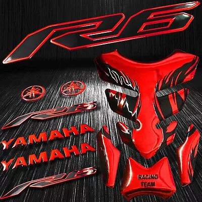 Chrome Red Tribal Fire Gas/Fuel Tank Pad+3D 6  Logo+YZF-R6 2-Tone Emblem Sticker • $29.77