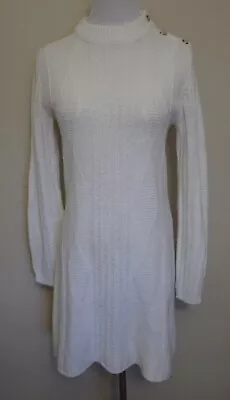 VTG 70s White Acrylic Knit Sweater Dress Wood Button Shoulder Long Sleeve M • $40