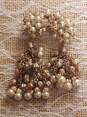 Vintage MIRIAM HASKELL Brooch Pearls Gold Dangle WW11 Plasic Back~RARE MINT COND • $175