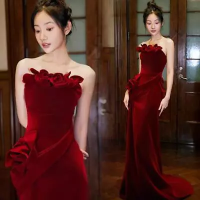 Gorgeous Off Shoulder Flowers Bodycon Fishtail Gown Elegant Velvet Evening Dress • $99.64