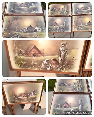 Vintage TV Trays Andres Orpinas Four Metal Tray Set Country Barn Farm Scenes • $84