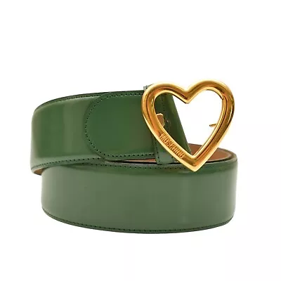 Moschino Green Shiny Leather Large Gold Tone Heart Buckle Belt Size 44 • $165