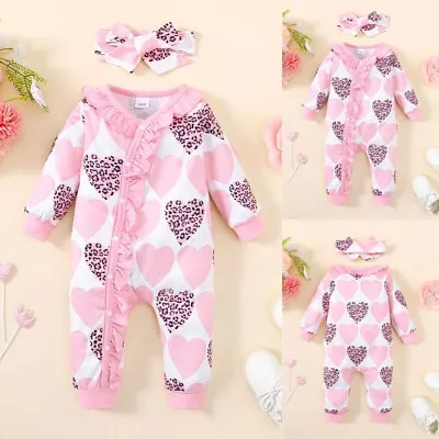 Newborn Baby Girls Heart Print Ruffle Leopard Romper Jumpsuit Outfit Set Clothes • £8.09