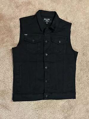 Men’s Medium KILL CITY Black Sleeveless Denim Trucker Jacket Vest. NEW IN BAG • $44.99