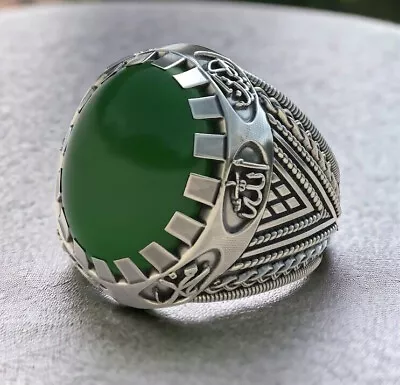 Men Shia Islamic Ring Natural Carnelian Agate Green Akik Silver Yemeni Ehlibeyt • $80