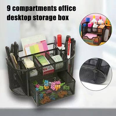 Mesh Desk Tidy Stationery Organiser 9 Storage Compartment Including Drawer New • £13.55