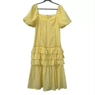 Just Me Women’s Nadine Dress Yellow Midi Ballon Sleeve Cottagecore Dress Size L • $60