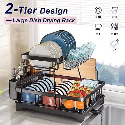 Over Sink Dish Drying Rack 2-Tier Stainless Steel Kitchen Shelf Cutlery Drainer • $27.99