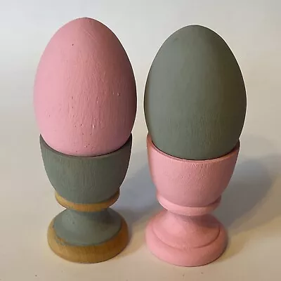 Vintage Wood Egg Cups With Wooden Eggs Set Of 2 Easter Decor • $14.10