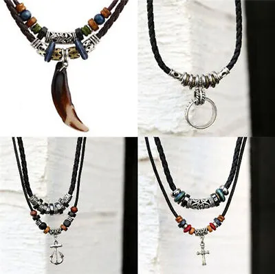 Vintage Men Wolf Tooth Pendant Leather Beaded Weaved Prayer Necklace Jewelry • $2.44
