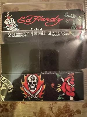 NIB Ed Hardy Belt 2 Reversible Webbing Skulls Navy & Black With Ed Hardy Buckle • $15