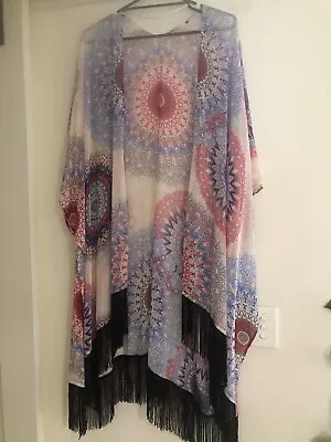 Multicoloured Kimono Duster O/S Black Fringing • $19.99