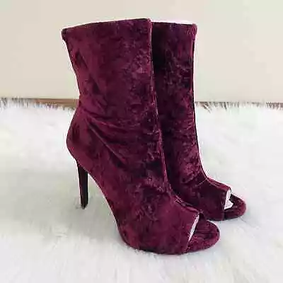 NWOB Jessica Simpson Burgundy Crushed Velvet Peep Toe Booties Pull On Size 8.5 • $44.98
