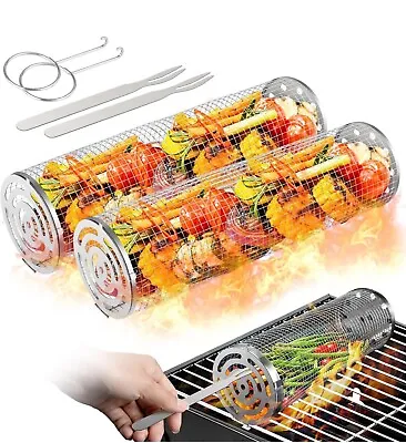 Rolling Grilling Basket Stainless Steel For Outdoor BBQ Round Mesh Grill Basket • $14.99