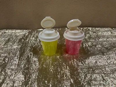 New Tupperware Mini Midget Salt & Pepper Shakers Set Traveling Size Yellow-Pink • $14