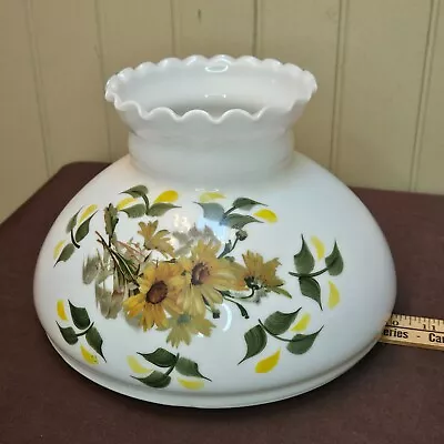 Vtg Large Milk Glass Hurricane Lamp Shade Yellow Daisy Sunflowers 10  Fitter • $74.87