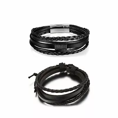 2PCS Gothic Punk Multilayer Wrap Braided Leather Bracelet Wristband Womens Mens • $9.99