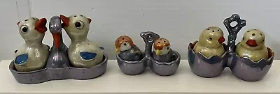 3 Ducks Chicks Birds In Holder Salt And Pepper Shakers Vintage Japan Lusterware • $29.99