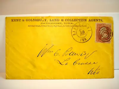 🔥 1862 CIVIL WAR IOWA DAVENPORT Cover KENT GOLDSBURY LAND COLLECTION AGENTS • $9.99