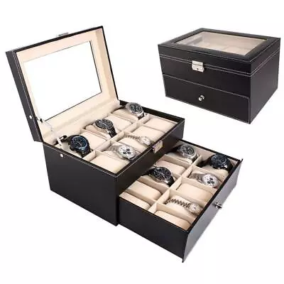 20 Slot Watch Box Leather Display Case Organizer Top Glass Jewelry Storage Black • $26.99