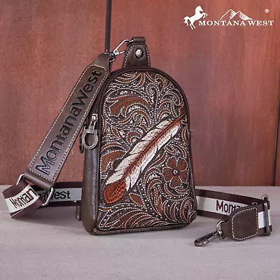 Montana West Embroidered Feather Cut-Out Floral Sling Bag Coffee • $36.99