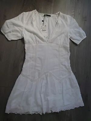 £30 • Buy Zara White Lace Cutwork Cotton Tea Short Sleeve Dress S