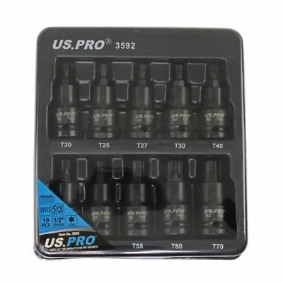 10pc IMPACT TORX BIT SOCKET SET By US PRO TOOLS 1/2  Drive T20 /T70 • £15.45