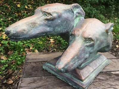 Greyhound Dog Heads Pair On Plinth Frost Proof Stone Garden Ornament 28cmHx46cmD • £69.99