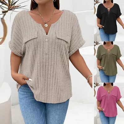 Plus Size 20-28 Womens Ribbed Zip V Neck Tunic Tops Short Sleeve T Shirt Blouse • £2.89