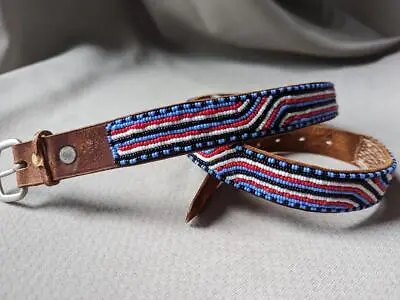 Vintage HANDCRAFTED Native American BEADED Belt 30 Indian Print WESTERN Leather • $59.95