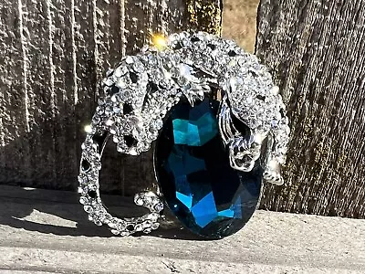 $11.99 • Buy Large Aqua Blue Leopard Cat Lion Crystal Glass Rhinestones Brooch Pin Vintage US