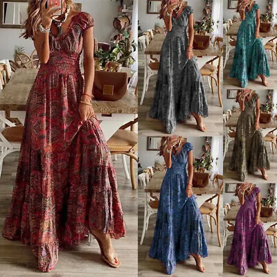 Women's Floral Boho V Neck Ladies Sundress Maxi Dress Summer Holiday Beachwear • $35.04