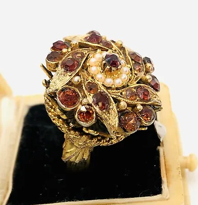 FLORENZA Large Topaz Rhinestone Crown Ring Faux Pearls Signed Vintage Jewelry • $72.50