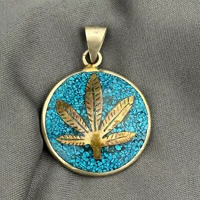 Vintage Turquoise Chip Pendant Leaf Sun Mexico Copper • $29.99