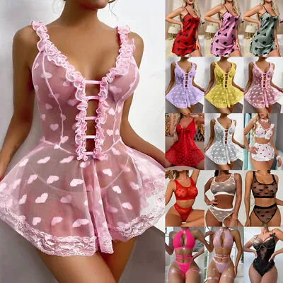 Womens Sexy Heart Print Lace Nightdress Lingerie Bra Set Sleepwear Nightwear • £8.69