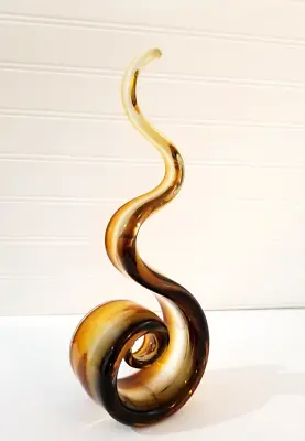 Hand Blown Art Glass Sculpture Twisted Swirl Brown Amber Honey Clear 12  • $60