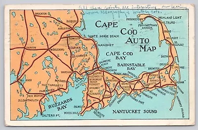 Cape Cod Massachusetts Auto Map Vintage Postcard • $6.39