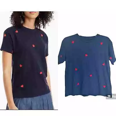 J. Crew Heart Embroidered T-Shirt Women’s S Blue Red Short Sleeve Tee Crew Neck • $22.95