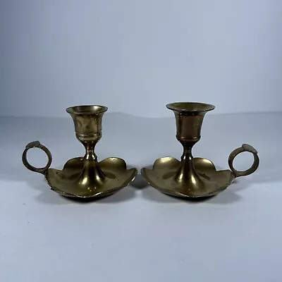 Vintage Pair Brass Chamber Candle Stick Holder Flower Loop Drip Tray Decorative • $22