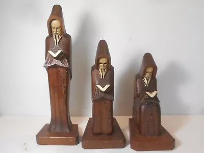 Set Of 3 Vintage CALIDAD JOM Carved Wood READING MONKS Mexico • $34.95