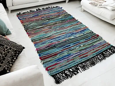 Blue Soft Rug Cotton Fleece Cosy Small Rag Rugs Multi Colours Black Fringing • £16.50