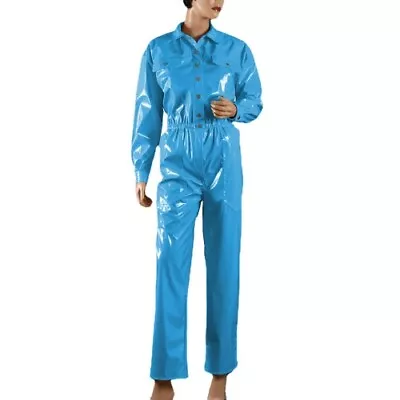 Long Sleeve Button Up Shiny PVC Leather Jumpsuit Romper Overall One Piece Outfit • $433.84