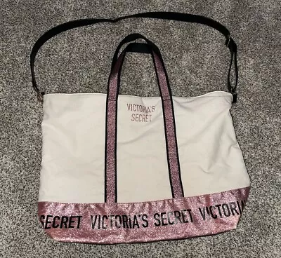 Victoria Secret Cream Pink Sequin Large Canvas Tote Bag🔥🔥 • $19.99