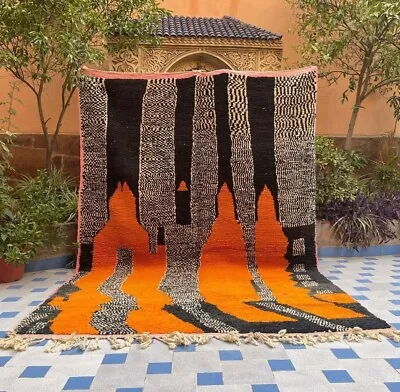 Moroccan Boujaad Wool Artistic Handmade Orange Black Rug Large Berber Abstract • $329