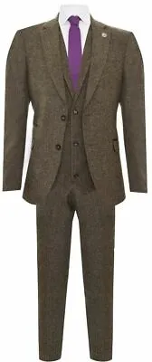 Mens Oak Brown 3 Piece Tweed Suit Vintage Harringbone 1920s Retro Peaky Blinders • $189.99