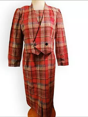 Vintage 80s Red Blue Green Grey Plaid Pencil Skirt Suit Dress Work Attire • $35