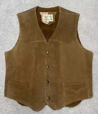 Vintage Pioneer Wear Mens Size 38 Suede Leather Vest Lined Sherpa Snap Button Up • $39.99