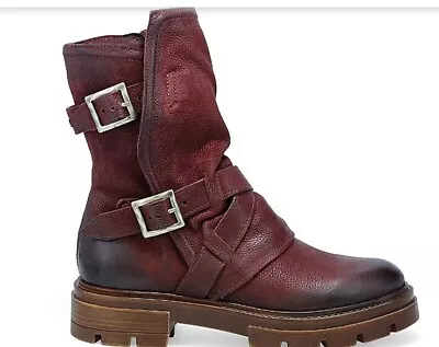 Miz Mooz Culf Height Ruched Leather Buckle Boots Merlot 37eu / 7 Us New #t-07 • $48